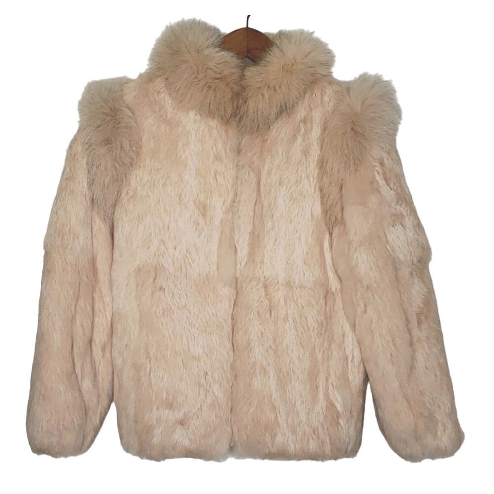 Vintage Princess Caravelle Short Rabbit Fur Zip Up Jacket Creamy Beige Size 10